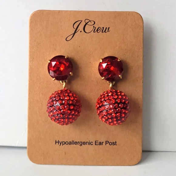 NWT J. Crew | Fresh Berry Red Pave Resin Drop Earrings - Picture 2 of 5